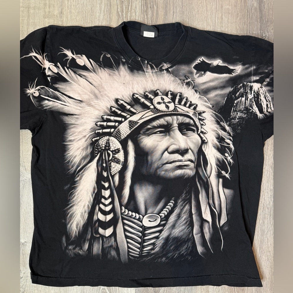 Vintage Single Stitch Native American T-Shirt All Over Print Black XXXL 90s